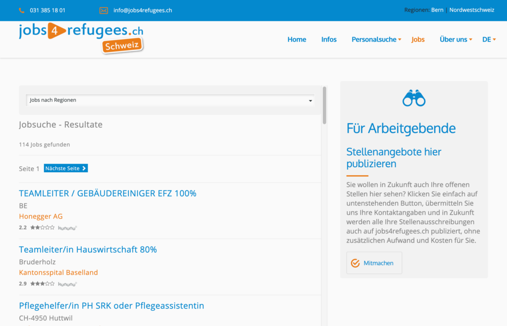 Webseite Jobs4refugees - Jobs - Captns Konzept und Gestaltung Webapplikation