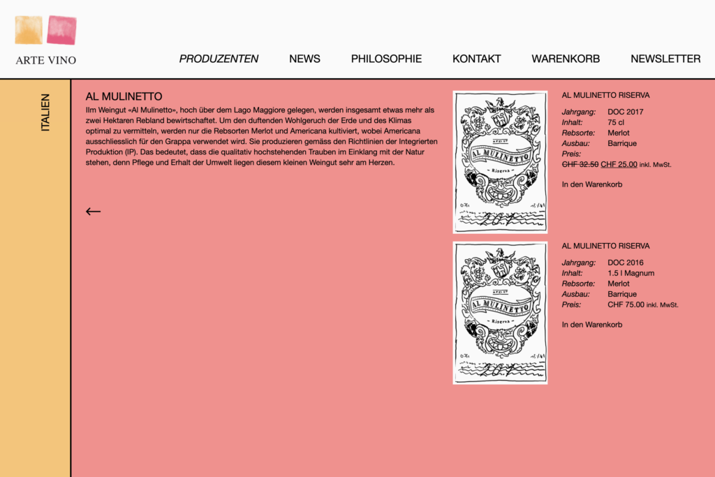 Captns Konzept und Gestaltung Redesign Weinhandlung Arte Vino: Webseite Struktur