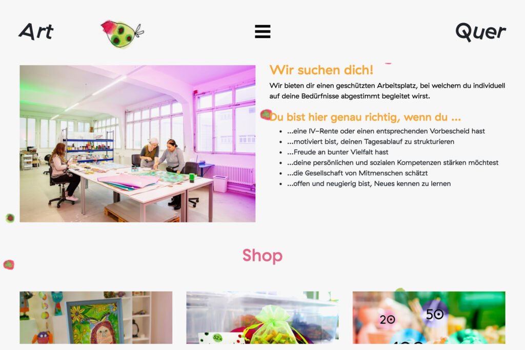 Visuelle Identität geschützte Werkstatt Art+Quer - Website Wir suchen dich! - Redesign Captns