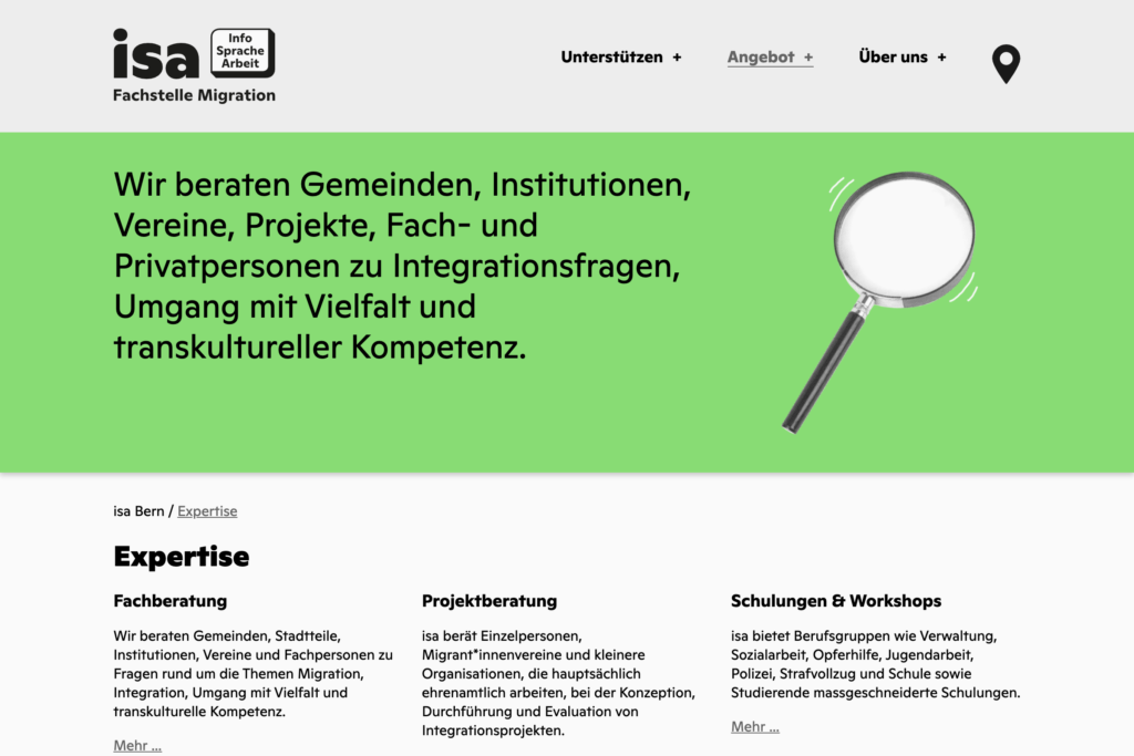 Captns Konzept und Gestaltung – Redesign Fachstelle Migration «isa»: Webseite Expertise