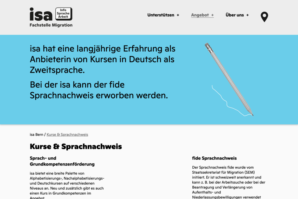 Captns Konzept und Gestaltung – Redesign Fachstelle Migration «isa»: Webseite Kurse & Sprachnachweise