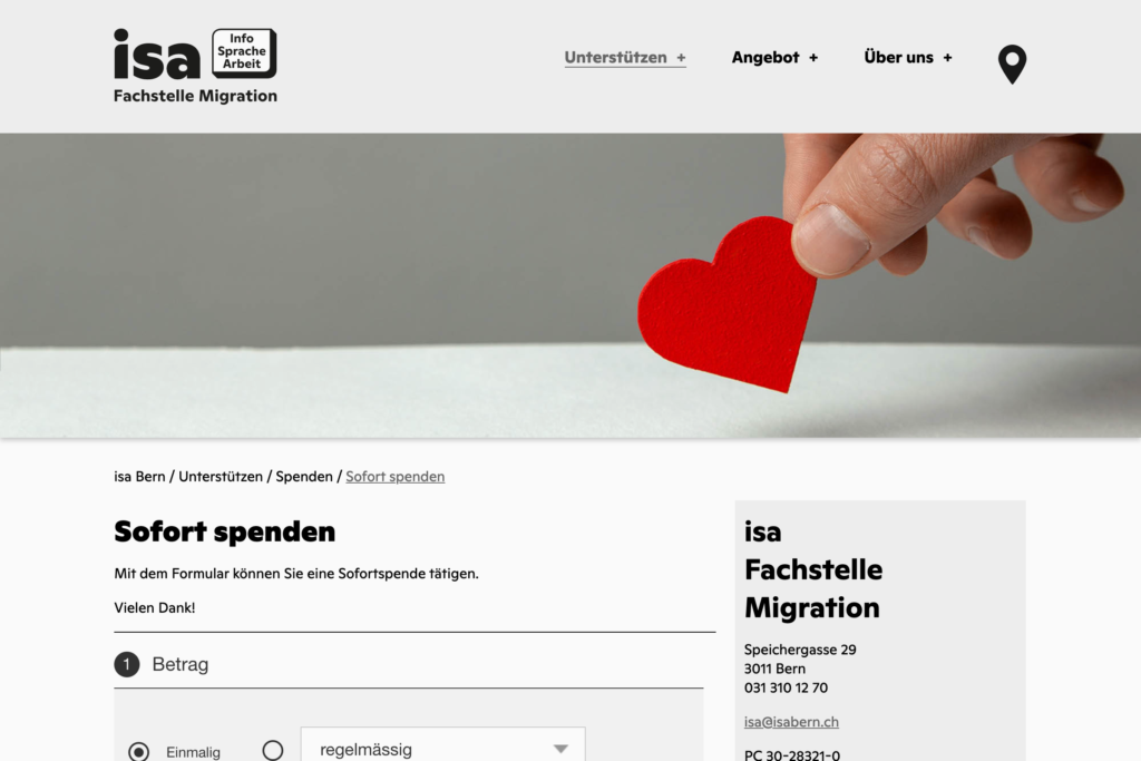 Captns Konzept und Gestaltung – Redesign Fachstelle Migration «isa»: Webseite Spenden RaiseNow