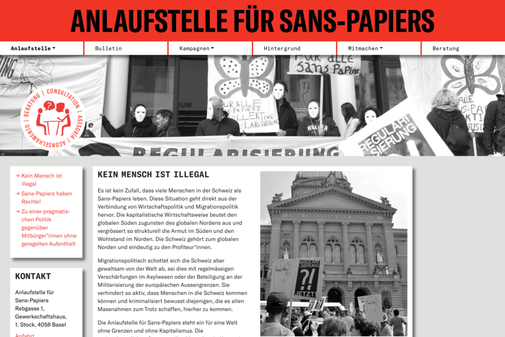 Captns Konzept und Gestaltung: Webseite Anlaufstelle für Sans-Papiers Basel