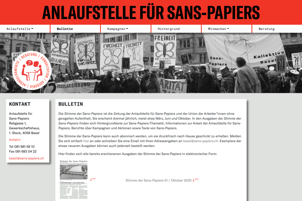 Captns Konzept und Gestaltung: Webseite Anlaufstelle für Sans-Papiers Basel