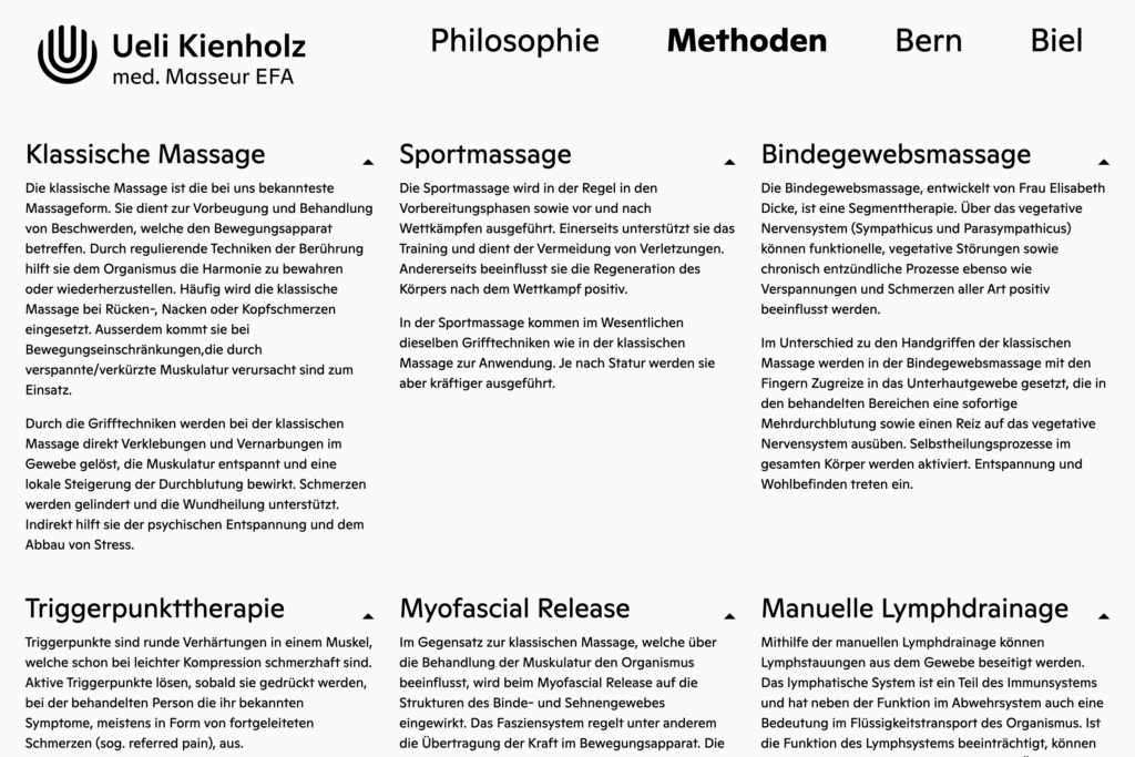 Captns Konzept und Gestaltung – Visueller Auftritt für die Massagepraxis Ueli Kienholz: Webseite