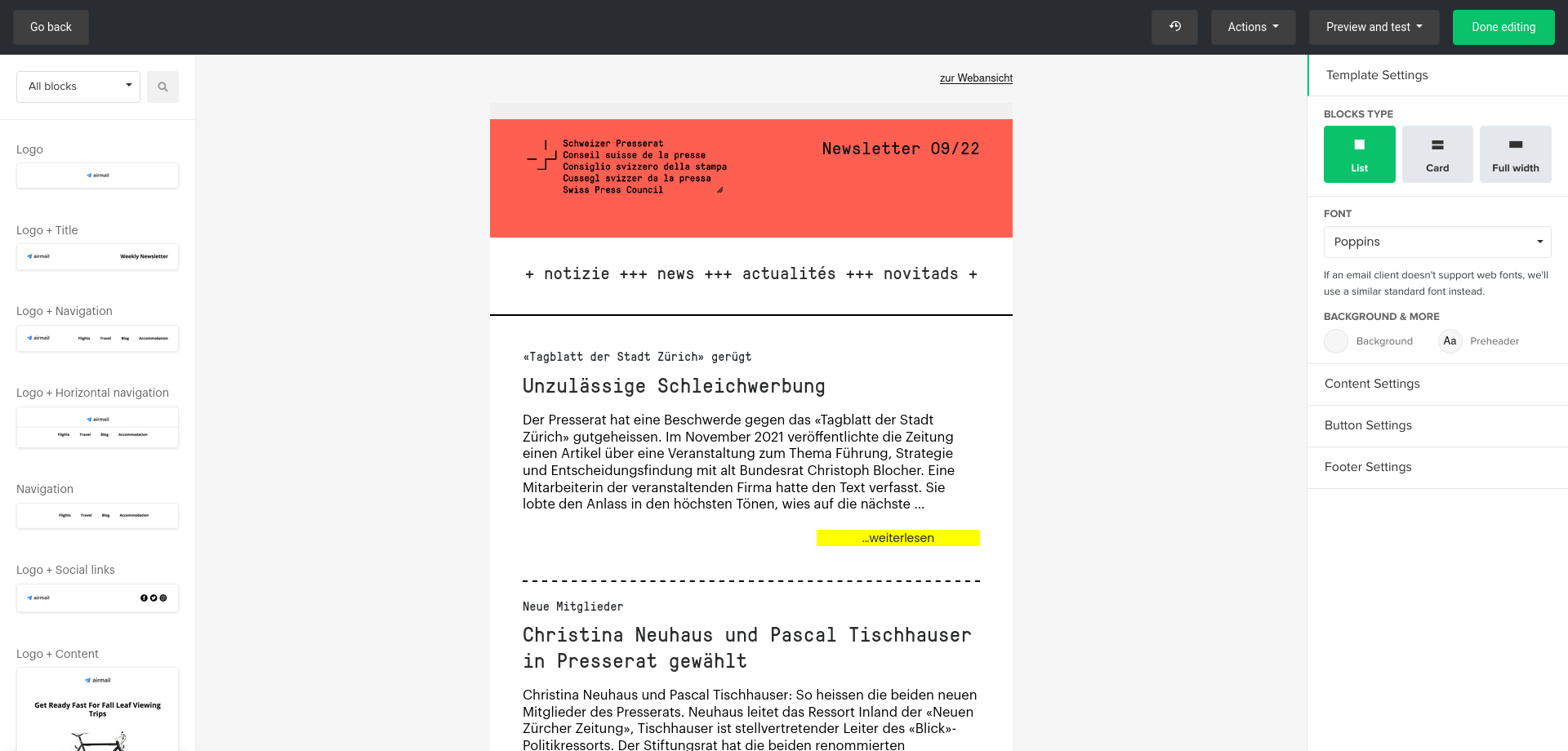 Mailerlite Editor für Presserat.ch
